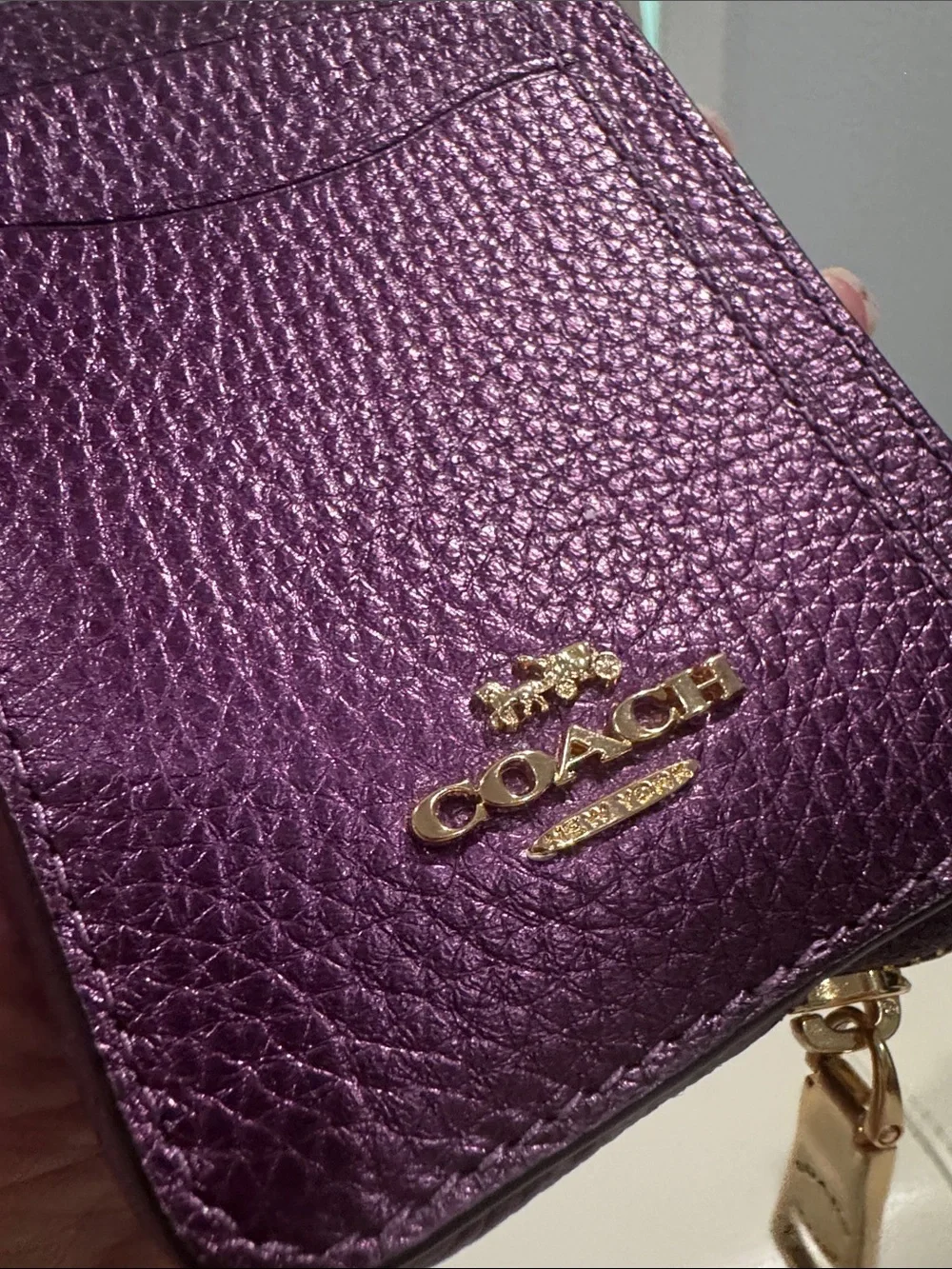 Coach Purple Pebbled Leather Card Case with Gold Chain Accent-HTF color!